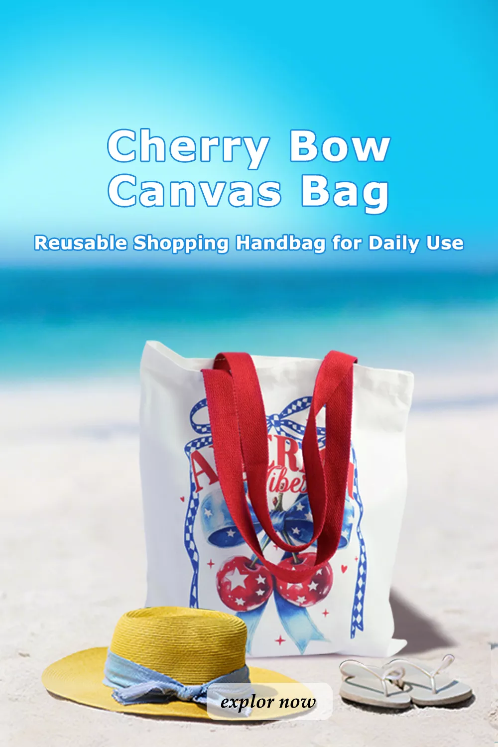 American Flag Cherry Bow Canvas Tote Bag,  Reusable Shopping Handbag for Daily Use